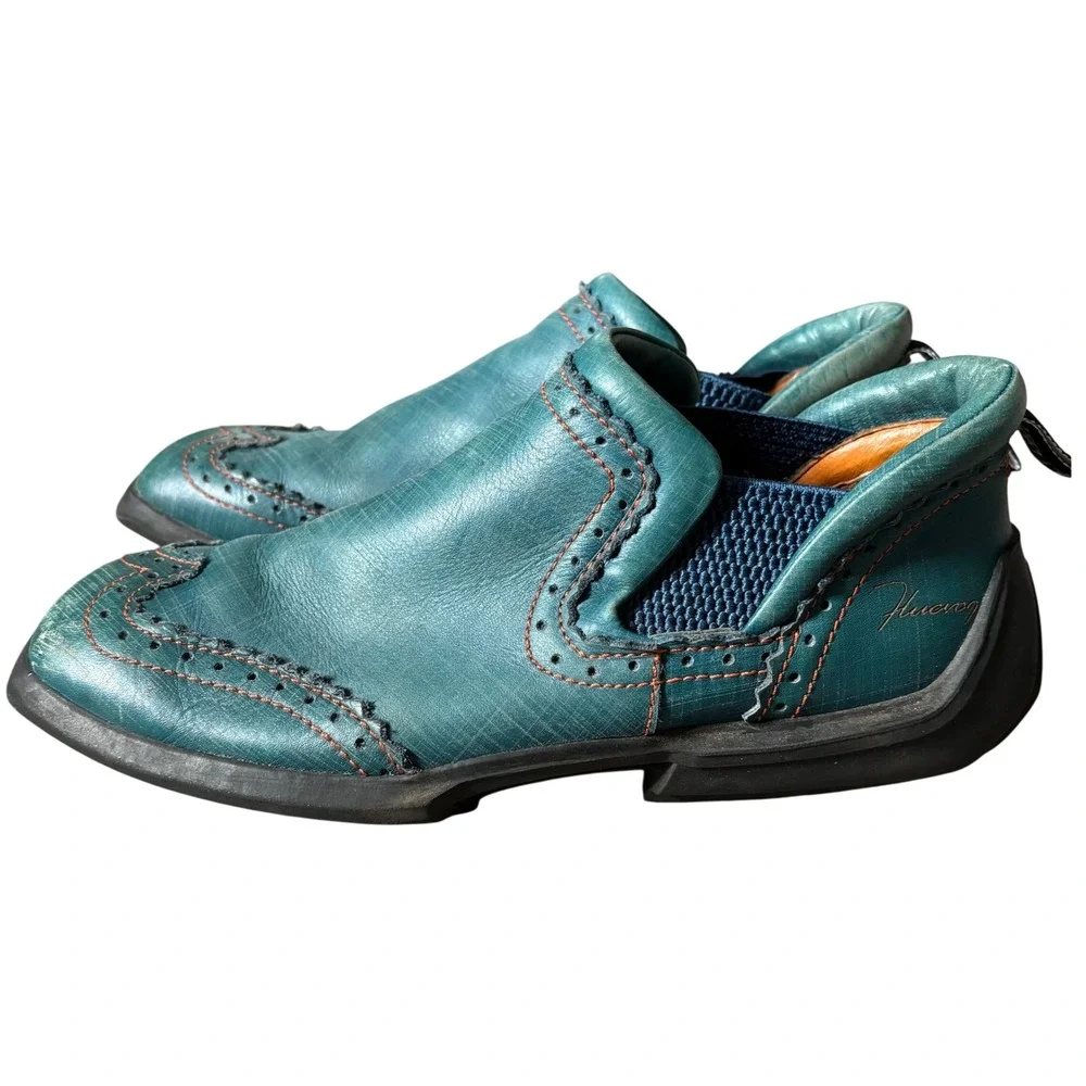 John Fluevog Future Angel Slip-on Wingtip Brogue Shoes Sz 7 Teal Leather